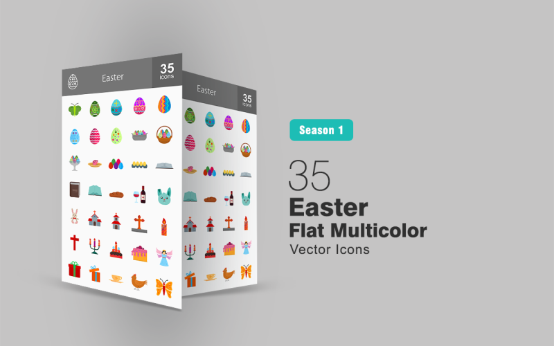 Download Набор иконок "35 Easter Flat Multicolor Icon Set" / 35 Easter Flat Multicolor Icon Set - Набор иконок на тему графика book icon bunny easter butterfly egg candle rabbit decoration celebration chicken church christian angel drinks present eggs basket iconbunny flat