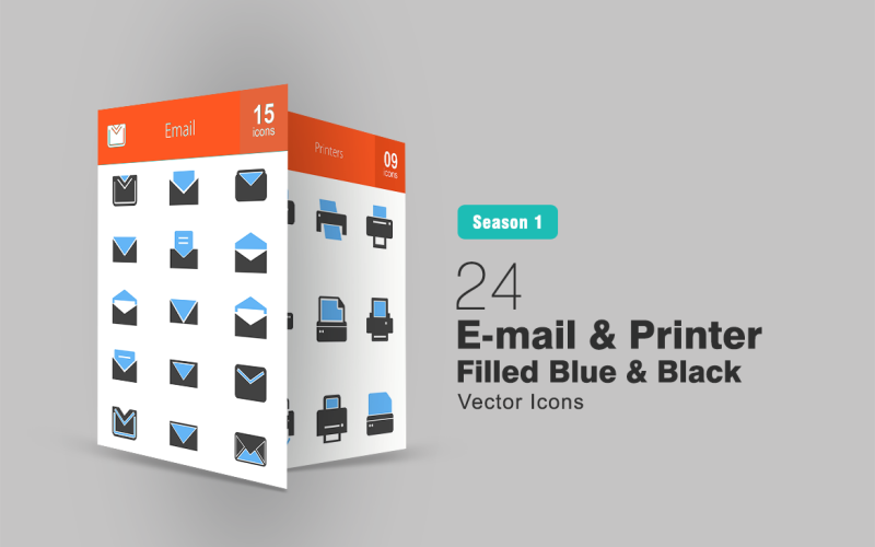 Download Набор иконок "26 Email & Printer Filled Blue & Black Icon Set" / 26 Email & Printer Filled Blue & Black Icon Set - Набор иконок на тему графика email icon printer address book communication document data transfer envelope file hardware information machine paper ink print out printing press