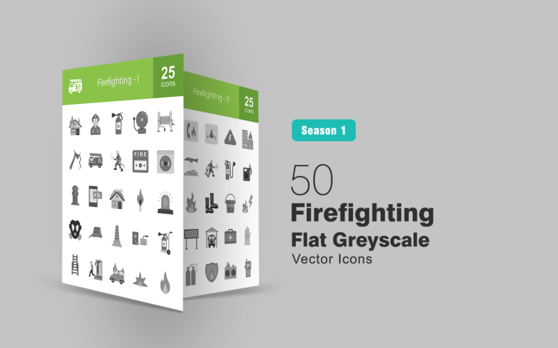 Download Набор иконок "50 Firefighting Flat Greyscale Icon Set" / 50 Firefighting Flat Greyscale Icon Set - Набор иконок на тему графика fire,icon,firefighting,extinguisher,alarm,hose,water,hydrant,matchstick,siren,oxygen,mask,cone,ladders,car,on,explosion,axe,emergency,danger
