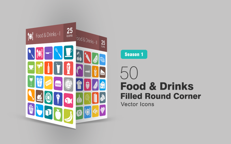Download Набор иконок "50 Food & Drinks Filled Round Corner Icon Set" / 50 Food & Drinks Filled Round Corner Icon Set - Набор иконок на тему графика food icon drinks fruits vegetables snacks fastfood milk chicken meat kettle crockery spoon cup bottle dessert cheese breakfast iconbunny flat