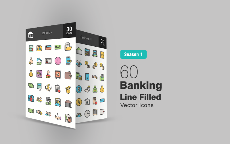 60 Icon-Set für gefüllte Banklinien