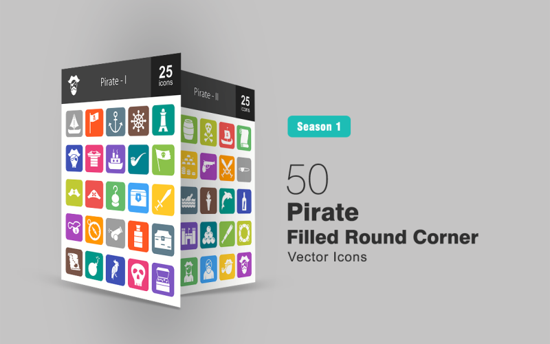 50 jeu d'icônes de coin rond rempli de pirate