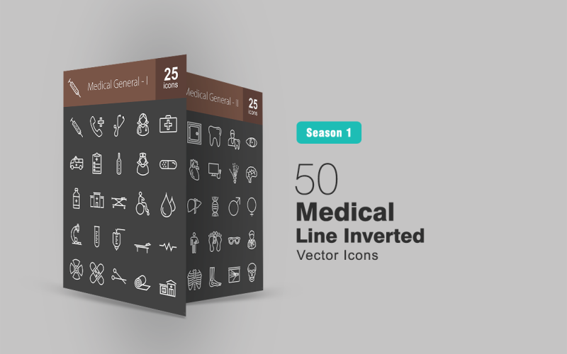 50 medicinsk linje inverterad ikonuppsättning