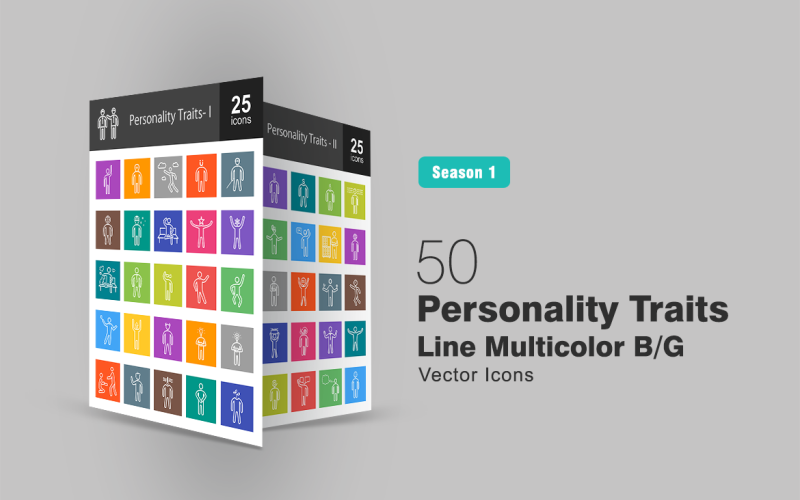 Download Набор иконок "50 Personality Traits Line Multicolor B/G Icon Set" / 50 Personality Traits Line Multicolor B/G Icon Set - Набор иконок на тему графика personality,icon,active,alien,ambitious,attractive,brave,brilliant,carefree,cheerful,confident,expert,generous,humble,naive,nerd,optimistic,organized,patient,practical