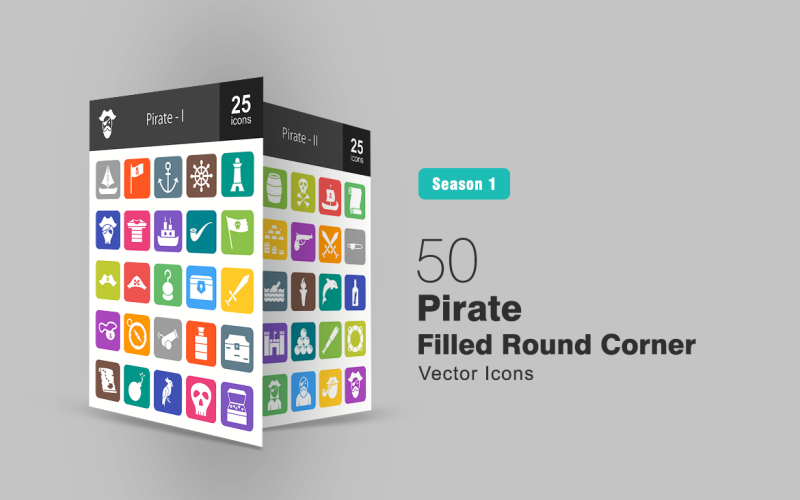 Download Набор иконок "50 Pirate Filled Round Corner Icon Set" / 50 Pirate Filled Round Corner Icon Set - Набор иконок на тему графика pirate,icon,boat,ship,anchor,lighthouse,flag,hat,hook,treasure,sword,necklace,rum,bottle,map,cannon,ball,parrot,barrel,scroll
