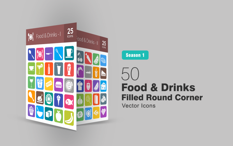 50 продуктів харчування та напоїв заповнені круглі куточок набір іконок