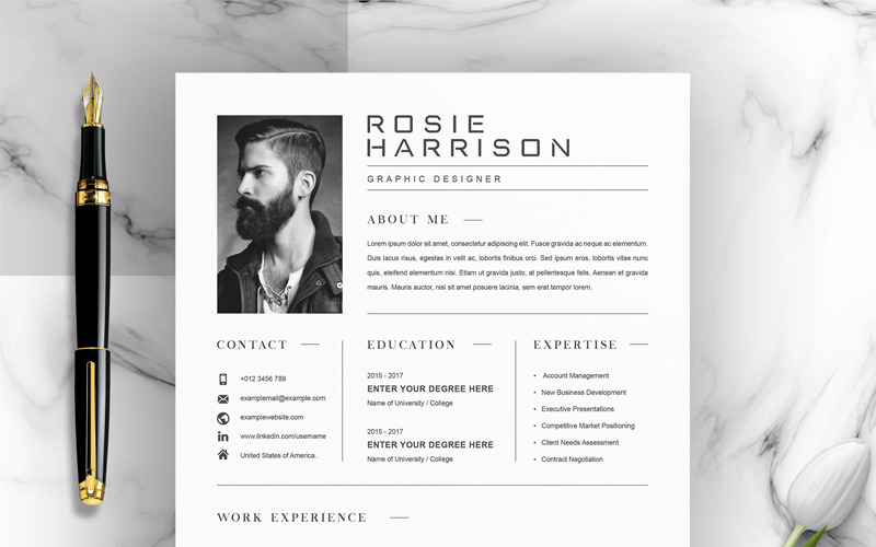 Download Резюме "Rosie Resume Template" / Rosie Resume Template - Резюме на тему графика 1 page resume 2 clean cv cover letter design template illustrator eps mac pages microsoft word modern photoshop psd professional