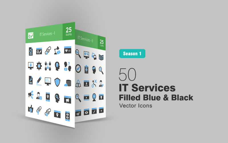 50 servicios de TI llenos de iconos azules y negros