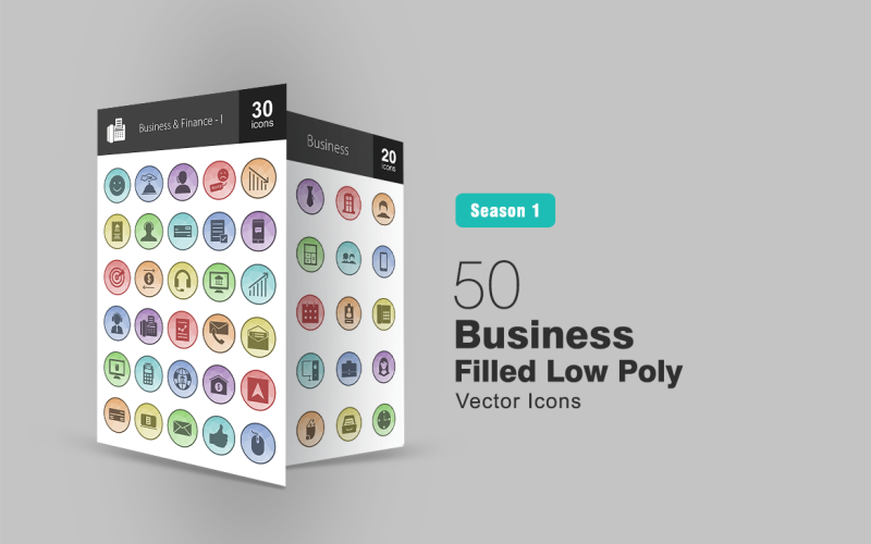 50 set di icone low poly riempito da affari