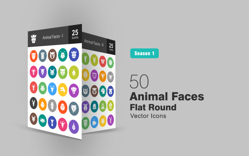 Set di icone rotonde piatte di 50 facce di animali
