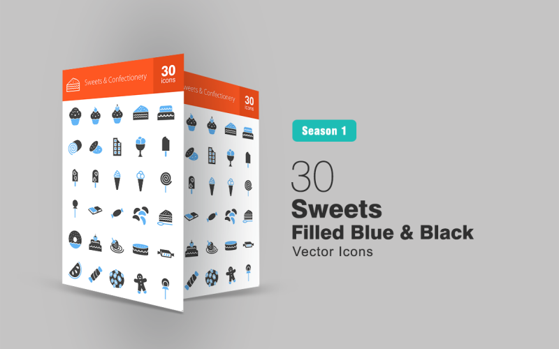 Download Набор иконок "30 Sweets & Confectionery Filled Blue & Black Icon Set" / 30 Sweets & Confectionery Filled Blue & Black Icon Set - Набор иконок на тему графика sweets icon dessert cake candy chocolate cherry cookie gingerbread icecream lolly jelly lollipop strawberry cupcake orange slice toffee swiss roll