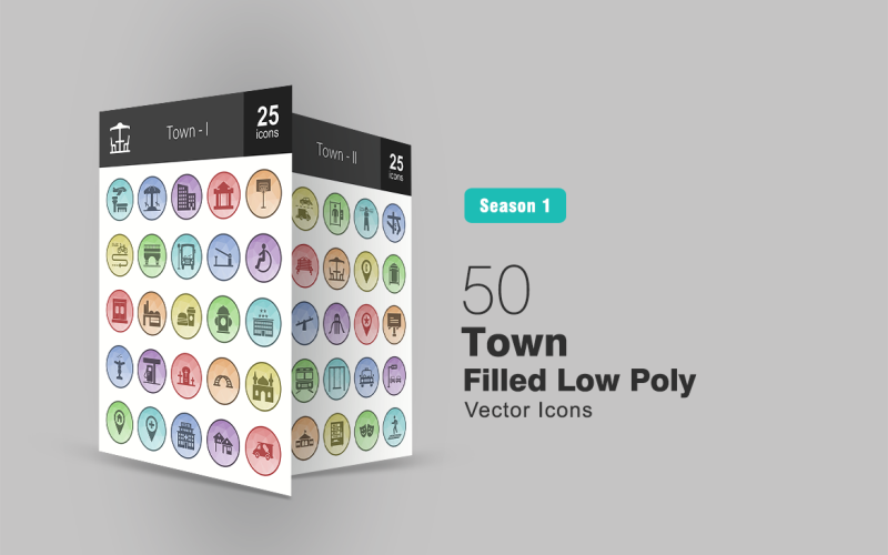 50 Städte gefülltes Low-Poly-Icon-Set