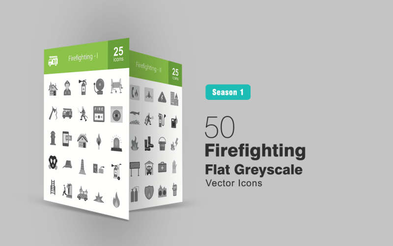 50 tűzoltó lapos szürkeárnyalatos ikonkészlet