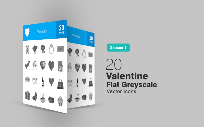 20 Valentine Flat Gråskala Ikonuppsättning
