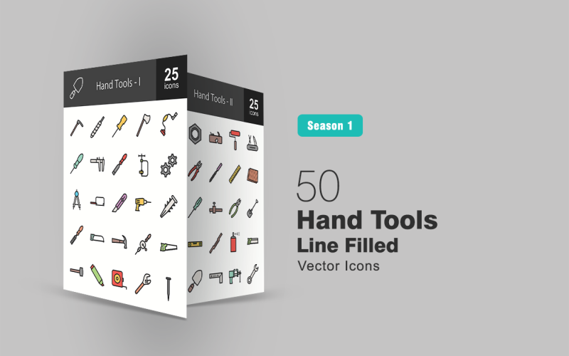 Download Набор иконок "50 Hand Tools Filled Line Icon Set" / 50 Hand Tools Filled Line Icon Set - Набор иконок на тему графика tools,icon,axe,caliper,chisel,cog,wheel,compass,saw,cutter,drill,file,hammer,shovel,marker,measuring,tape,wrench,nail,nut