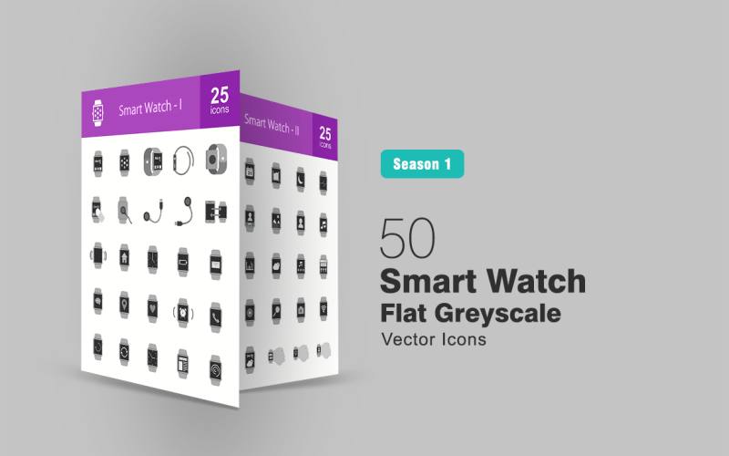 Sada ikon 50 plochých šedých hodinek Smart Watch