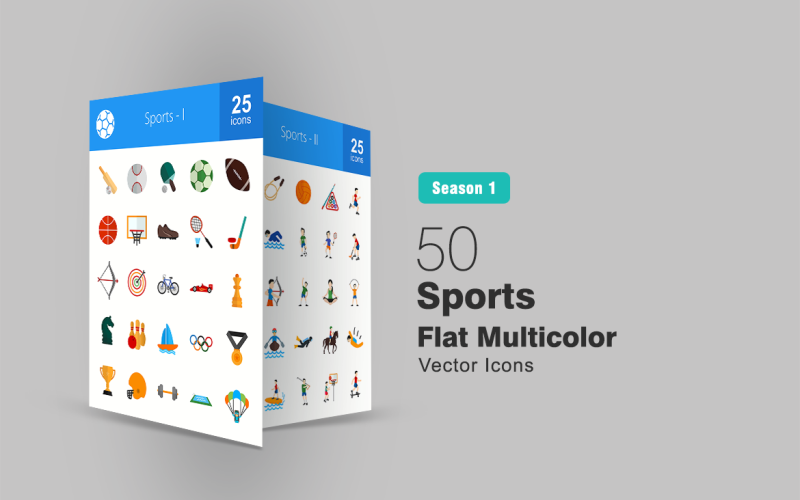 Download Набор иконок "50 Sports Flat Multicolor Icon Set" / 50 Sports Flat Multicolor Icon Set - Набор иконок на тему графика sports icon fitness games cricket football hockey tennis badminton board basketball baseball soccer golf billiard snooker exercise swimming iconbunny flat