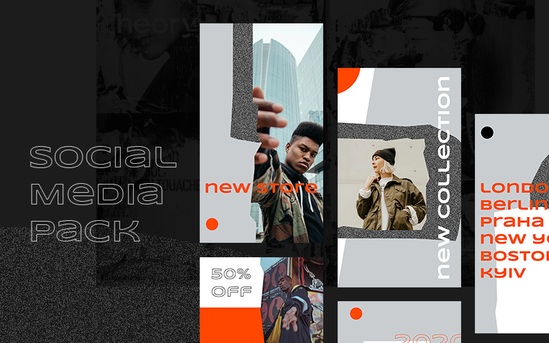 Download Шаблон для соцсетей "Streetwear Instagram Pack Social Media Template" / Streetwear Instagram Pack Social Media Template - Шаблон для соцсетей на тему графика sportswear streetwear style grange dark orange typography instagram stories facebook posts promotion campaign fashion brutal trendy modern texture store ecommerce