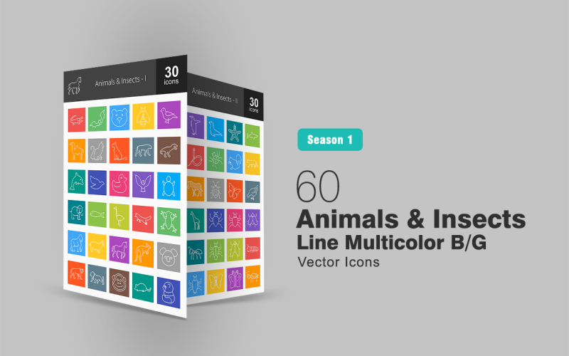 Download Набор иконок "60 Animals & Insects Line Multicolor B/G Icon Set" / 60 Animals & Insects Line Multicolor B/G Icon Set - Набор иконок на тему графика animals icon insects elephant snake horse lion bug fly butterfly sheep goat fish bird bee bear monkey frog iconbunny flat