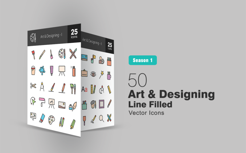 Download Набор иконок "50 Art & Designing Filled Line Icon Set" / 50 Art & Designing Filled Line Icon Set - Набор иконок на тему графика art icon designing design brush pencil paint spray scissors canvass image eraser artist grid clipboard colors tool drawing iconbunny flat