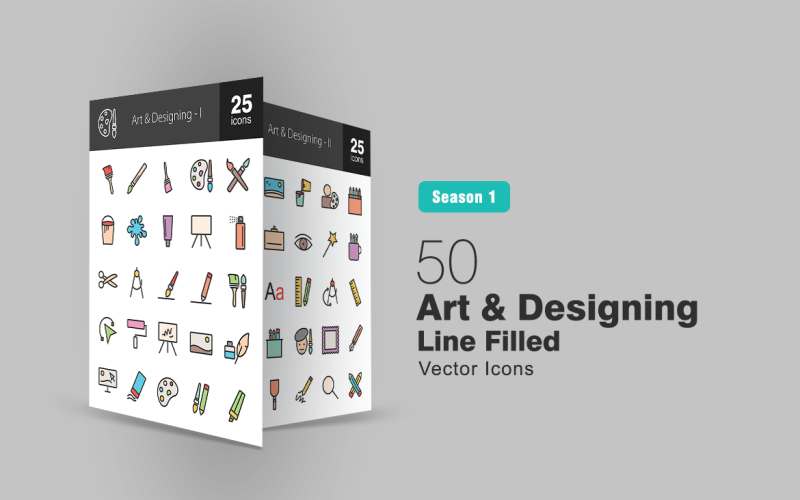 50 Art & Designing gevulde lijn icon set