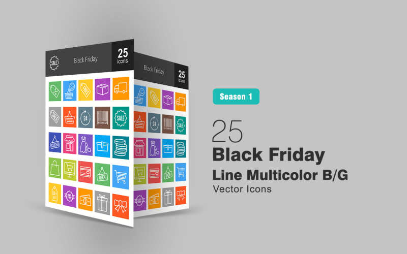 Download Набор иконок "25 Black Friday Line Multicolor B/G Icon Set" / 25 Black Friday Line Multicolor B/G Icon Set - Набор иконок на тему графика discount icon black friday observance happy customer free parcel delivery tag sale shopping limitedtimeoffer barcode closed shop ladies wallet coins