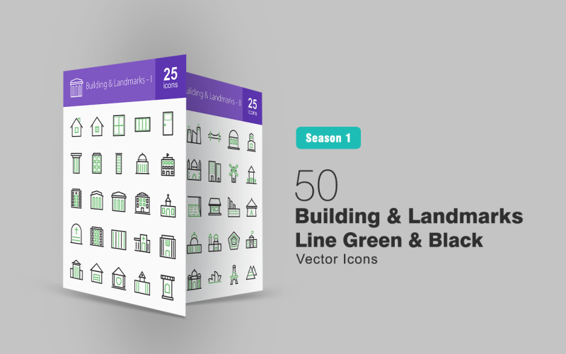 Download Набор иконок "50 Buildings & Landmarks Line Green & Black Icon Set" / 50 Buildings & Landmarks Line Green & Black Icon Set - Набор иконок на тему графика building icons landmarks icon house tower school hospital bank library university church hotel museum police station bridge eifel office lighthouse
