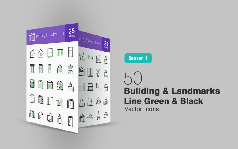 50 byggnader och landmärken Line Green & Black Icon Set