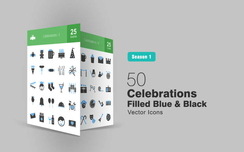 Download Набор иконок "50 Celebrations Filled Blue & Black Icon Set" / 50 Celebrations Filled Blue & Black Icon Set - Набор иконок на тему графика celebrations icon beer cake hat flowers sausage candy fireworks cocktail roses balloons bells food drums fries wine coffee invitation mafician