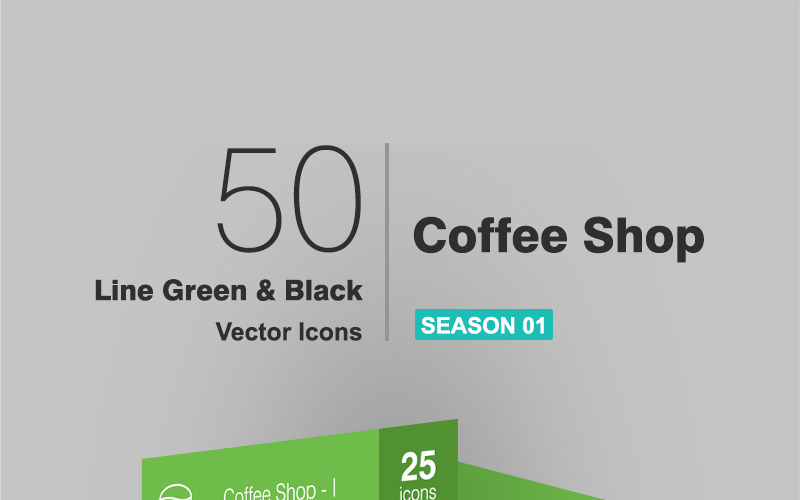 50 Coffee Shop Line Yeşil ve Siyah Simge Seti