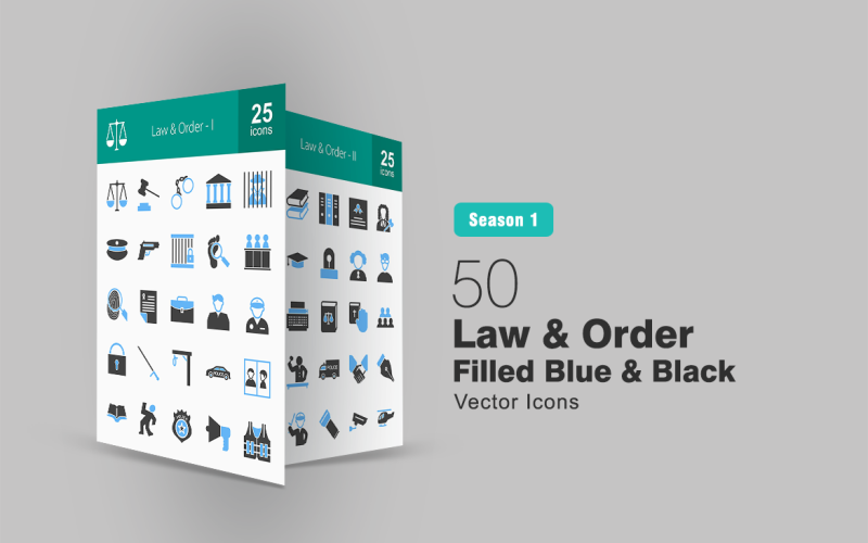Conjunto de ícones azuis e pretos preenchidos com 50 Law & Order
