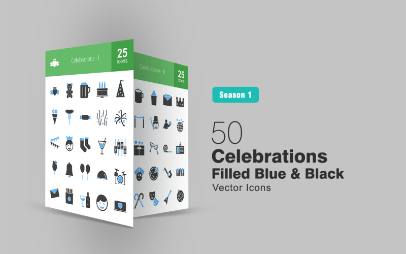 Conjunto de ícones de 50 celebrações preenchidas em azul e preto
