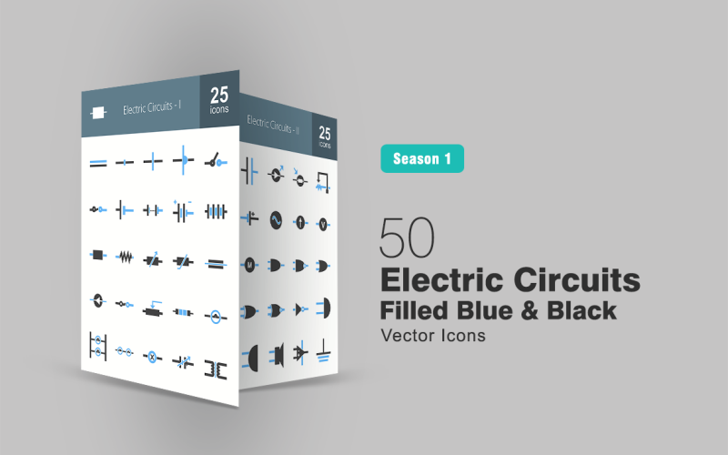 Download Набор иконок "50 Electric Circuits Filled Blue & Black Icon Set" / 50 Electric Circuits Filled Blue & Black Icon Set - Набор иконок на тему графика electric icon circuits wire connection switch cell battery resistor fuse lamp heating element transformer inductor capacitor diode motor ammeter iconbunny