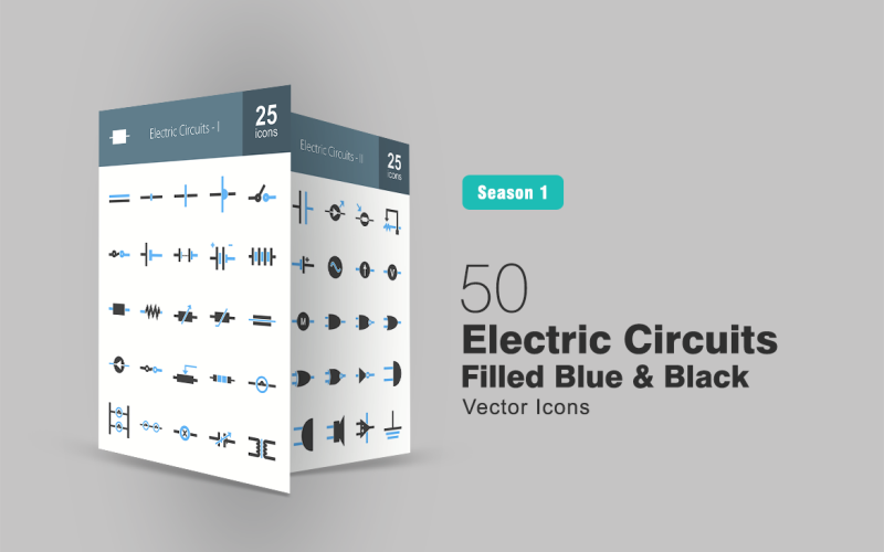 50 elektriska kretsar fyllda blå och svart ikonuppsättning