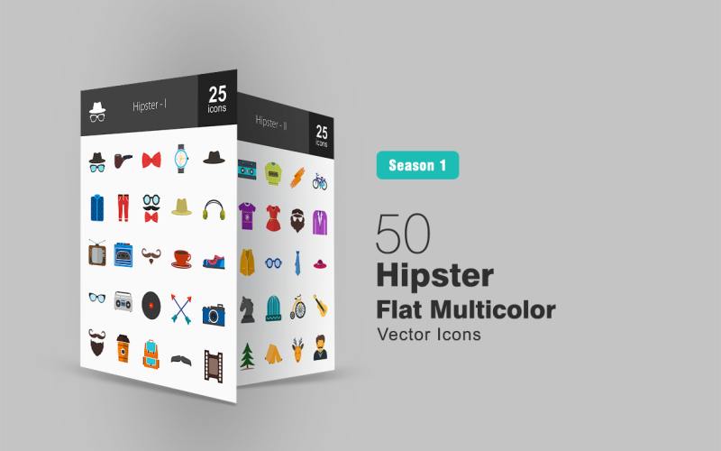 50 Hipster platt flerfärgad ikonuppsättning