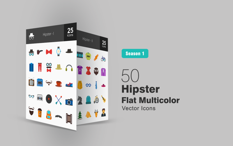 50 Hipster плоских багатобарвної Icon Set