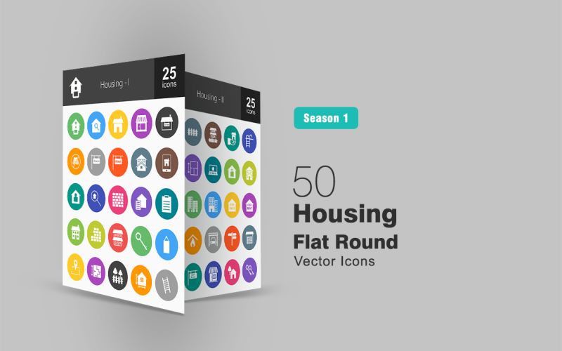 Download Набор иконок "50 Housing Flat Round Icon Set" / 50 Housing Flat Round Icon Set - Набор иконок на тему графика housing icon real estate property house building apartment resident insurance keys brick wall garage loan architecture shop fence location iconbunny