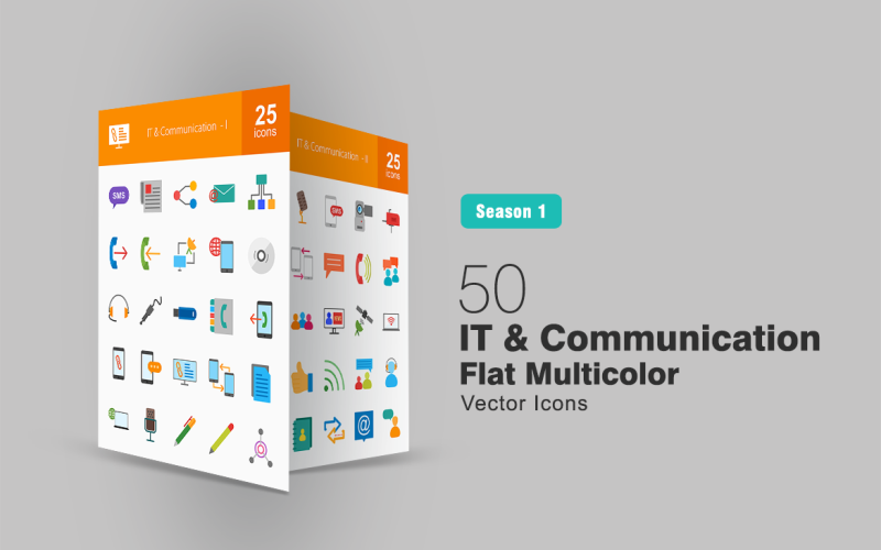 50 informatikai és kommunikációs lapos többszínű ikonkészlet
