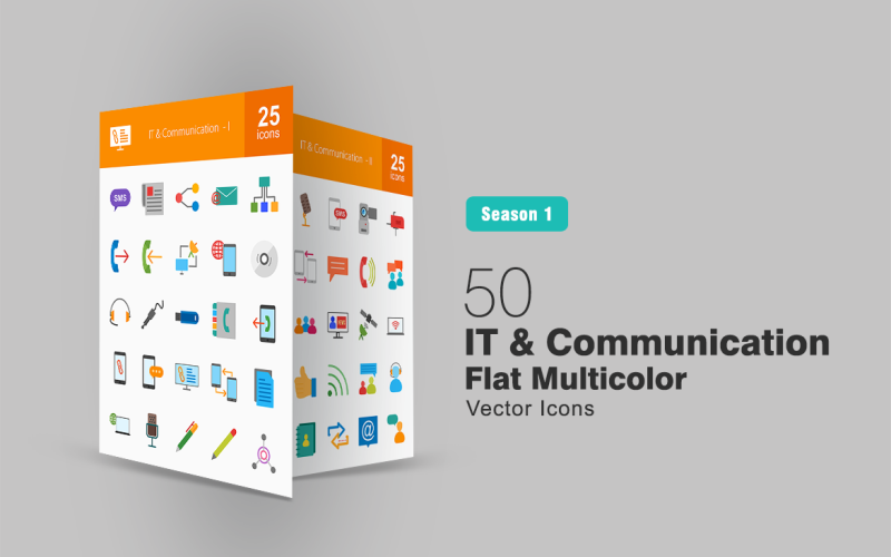 Download Набор иконок "50 IT & Communication Flat Multicolor Icon Set" / 50 IT & Communication Flat Multicolor Icon Set - Набор иконок на тему графика technology icon communication sms news call network connection notification pen phonebook video camera contact team microphone document mobile typing iconbunny