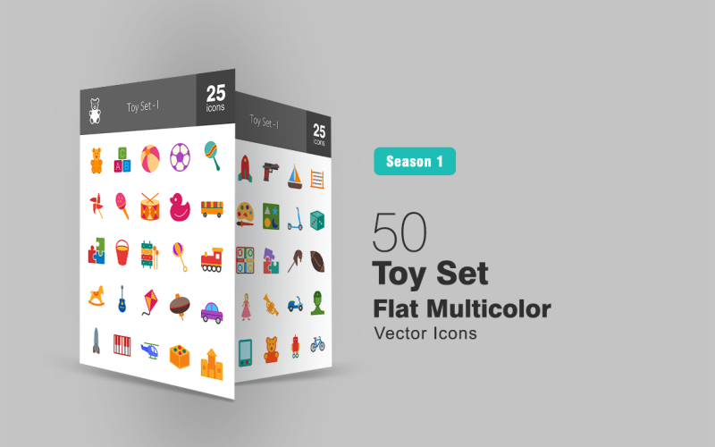 50 juguetes conjunto plano icono multicolor