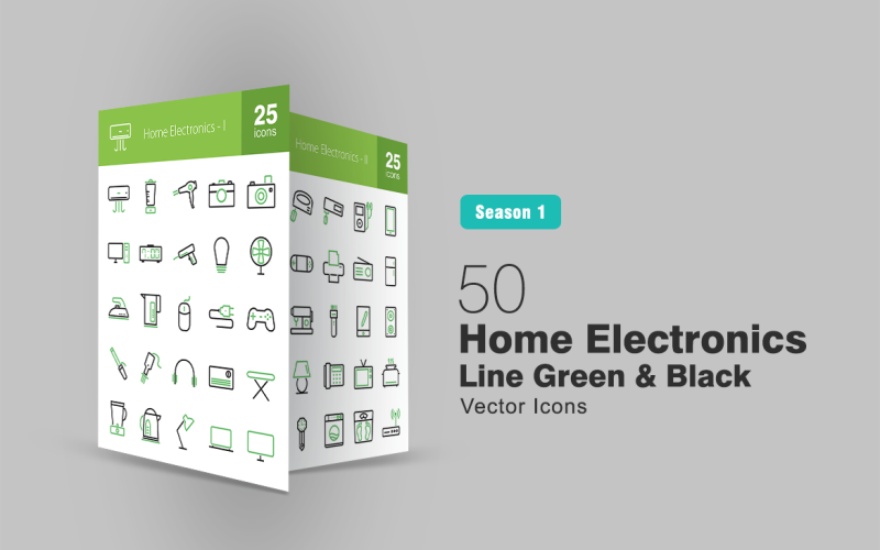 50 línea de electrónica doméstica verde y negro conjunto de iconos