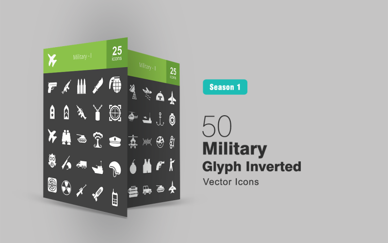 Download Набор иконок "50 Military Glyph Inverted Icon Set" / 50 Military Glyph Inverted Icon Set - Набор иконок на тему графика military icon army pistol gun bullets knife bomb badge rifle machine soldier helicopter fighter jet airbase jeep tank submarine iconbunny