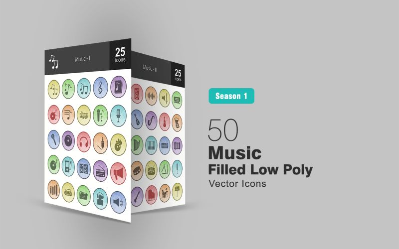 50 música llena de Low Poly Icon Set