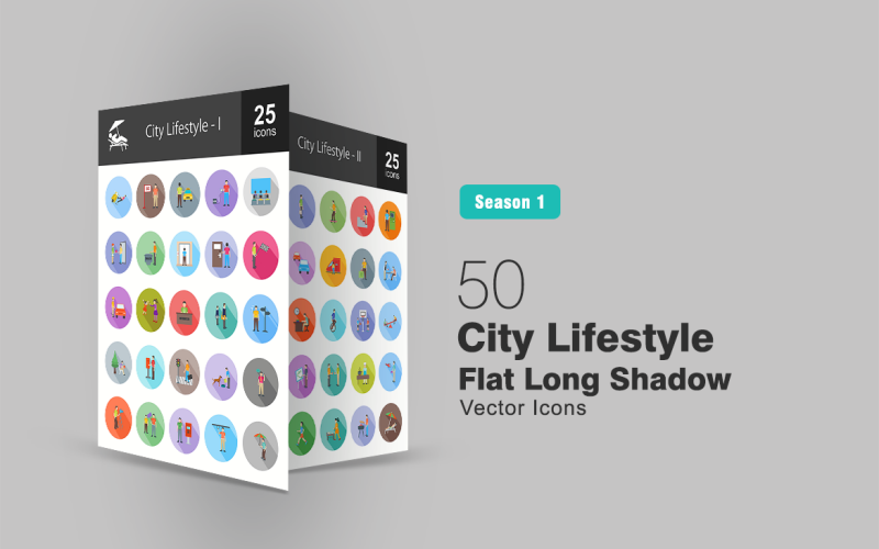 Набор иконок 50 City Lifestyle Flat с длинной тенью