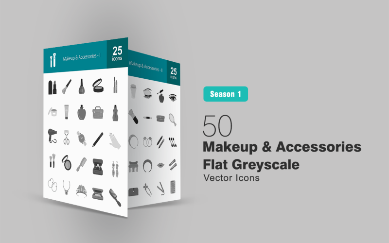 Набор из 50 плоских иконок в градациях серого для макияжа и аксессуаров