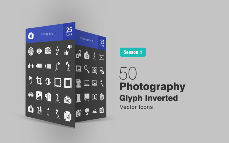 Download Набор иконок "50 Photography Glyph Inverted Icon Set" / 50 Photography Glyph Inverted Icon Set - Набор иконок на тему графика photography icon photo camera flash focus battery light crop contrast frame glasses image film photographer picture edit zoom iconbunny