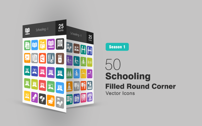 Download Набор иконок "50 Schooling Filled Round Corner Icon Set" / 50 Schooling Filled Round Corner Icon Set - Набор иконок на тему графика school icon schooling education academics notes textbook pencil book documents write stationery online study internet degree diploma graduation graduate iconbunny