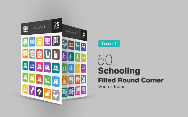 50 Schooling Filled Round Corner Icon Set