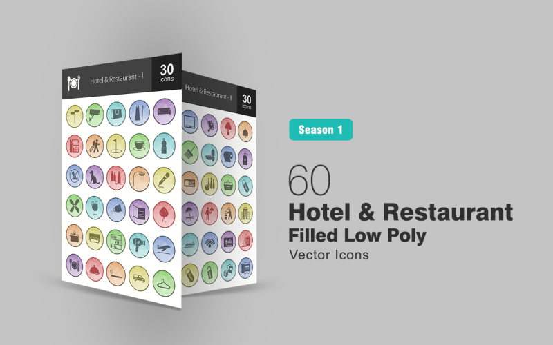Set di icone low poly riempito da 60 hotel e ristoranti