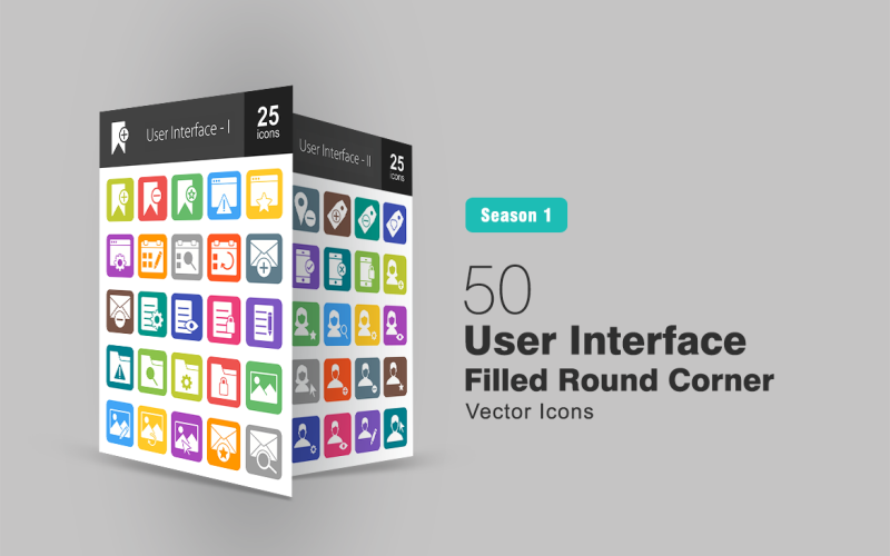 Download Набор иконок "50 User Interface Filled Round Corner Icon Set" / 50 User Interface Filled Round Corner Icon Set - Набор иконок на тему графика user interface icon bookmark browser favourite webpage event sync envelop email document folder search view edit image location tag device